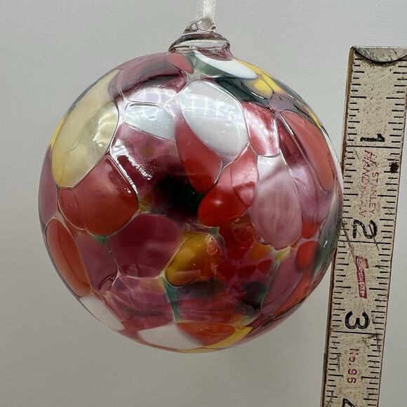End of Day Hand Blown Art Glass Ball Christmas Ornament 3" Pink Orange Yellow - Picture 3 of 6